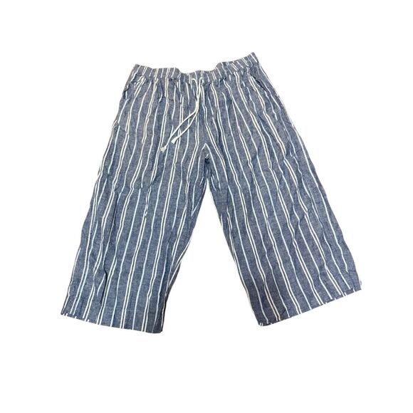 BeachLunchLounge Womens Linen Blend Blue White Striped wide Leg Cropped Pull-on - Picture 1 of 8